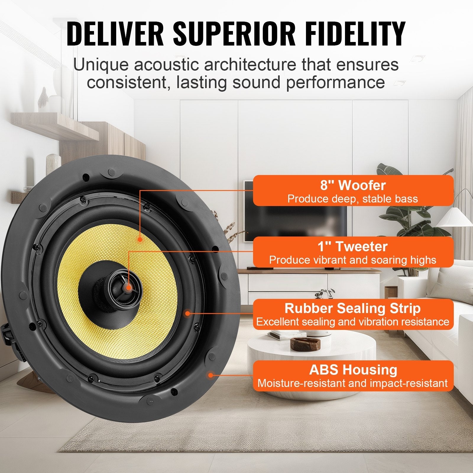 VEVOR 8 Inch in Ceiling Speakers, 200-Watts, Flush Mount Ceiling & in-Wall Speakers System with 8?Impedance 89dB Sensitivity, for Home Kitchen Living Room Bedroom or Covered Outdoor Porches, Single 