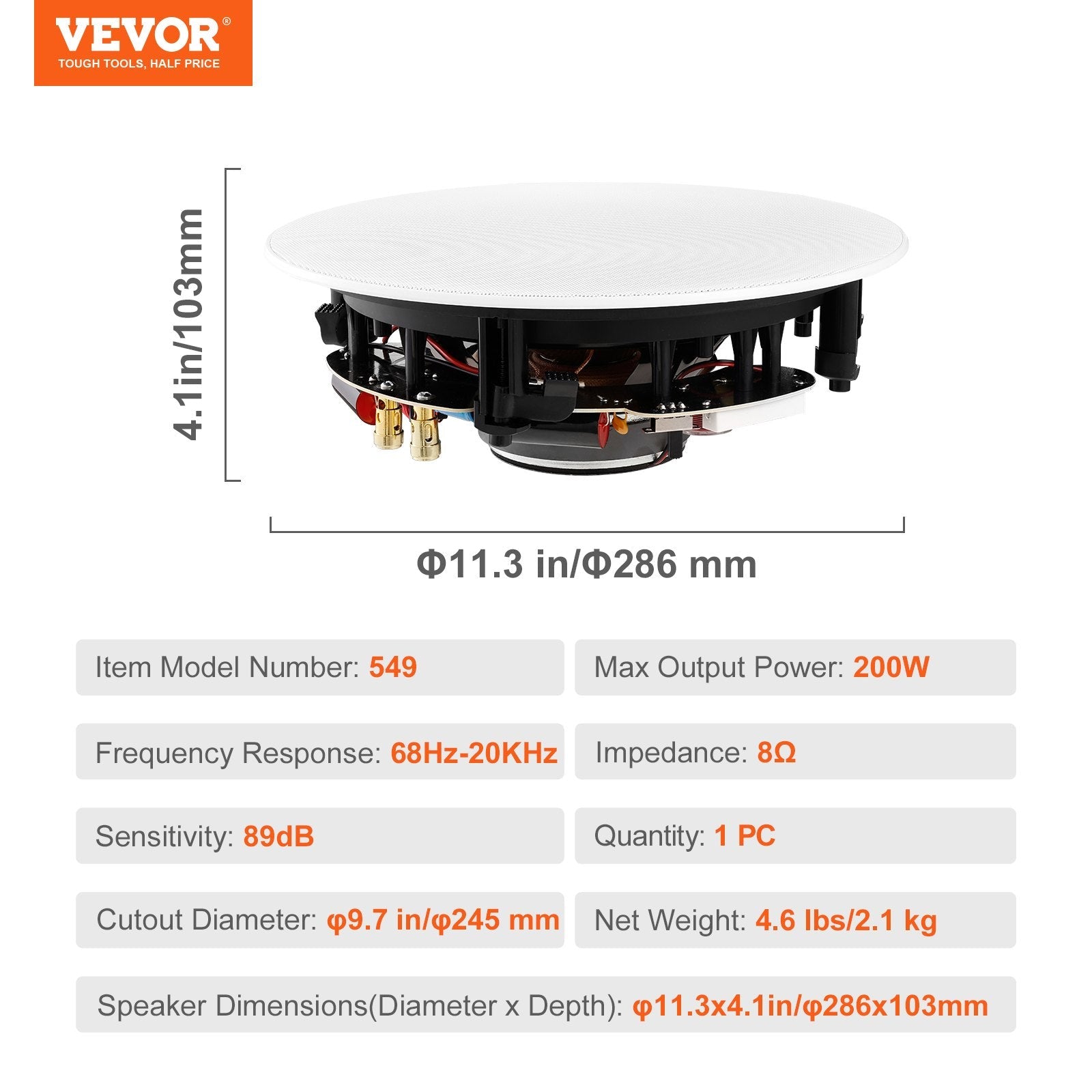 VEVOR 8 Inch in Ceiling Speakers, 200-Watts, Flush Mount Ceiling & in-Wall Speakers System with 8?Impedance 89dB Sensitivity, for Home Kitchen Living Room Bedroom or Covered Outdoor Porches, Single 