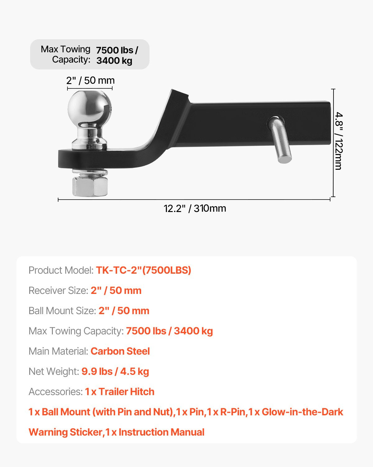 VEVOR Trailer Hitch 2" Receiver 2" Drop Trailer Hitch Ball Mount 7500 lbs 