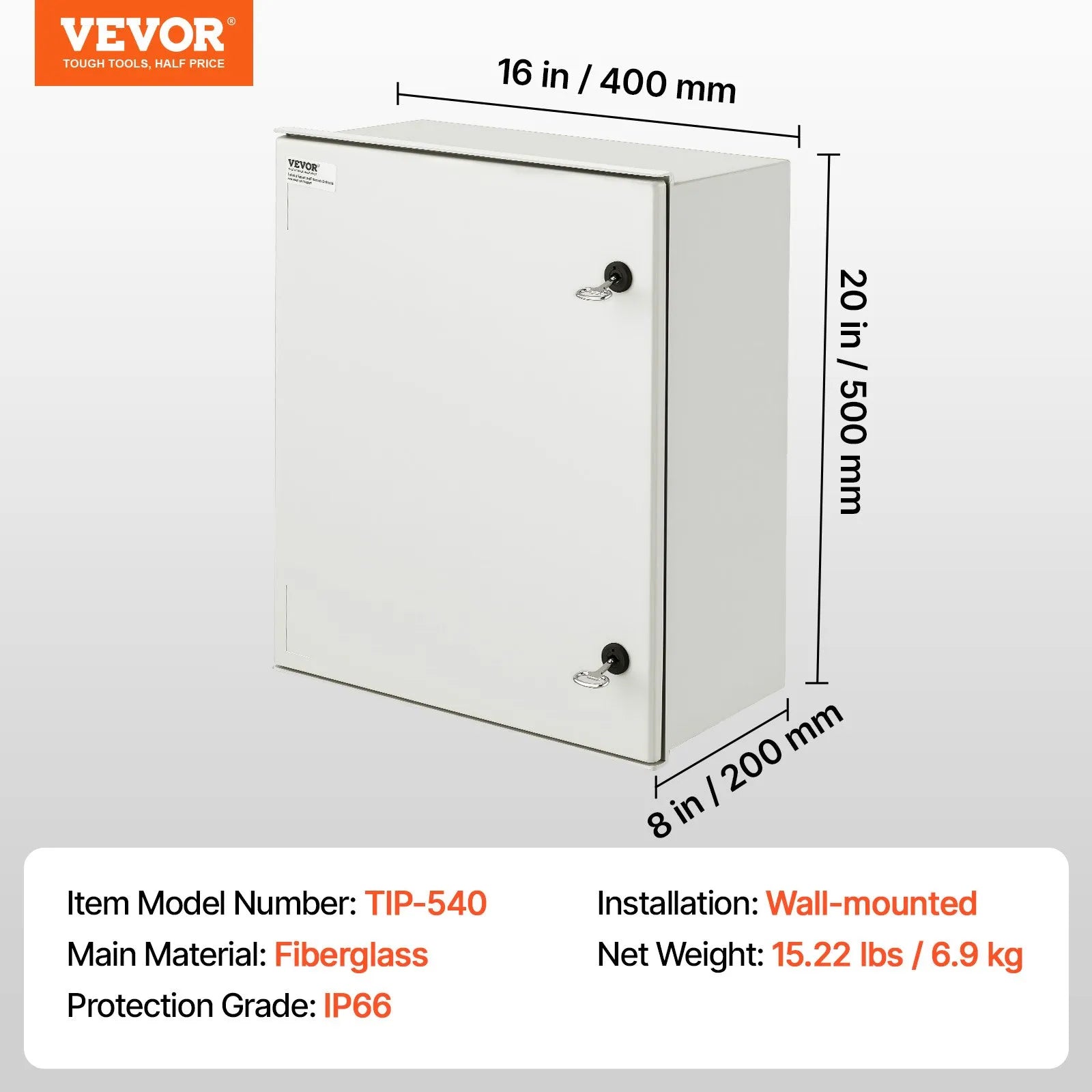 VEVOR Fiberglass Enclosure 19.7 x 15.7 x7.9" Electrical Enclosure Box NEMA 3X Electronic Equipment Enclosure Box IP65 Weatherproof Wall-Mounted Electrical Enclosure With Hinges & Quarter-Turn Latches