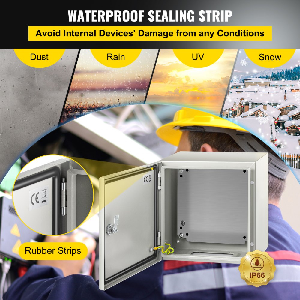 VEVOR Steel Electrical Box 12'' x 12'' x 8'' Electrical Enclosure Box, Carbon Steel Hinged Junction Box, IP65 Weatherproof Metal Box Wall-Mounted Electronic Equipment Enclosure Box with Mounting Plate 