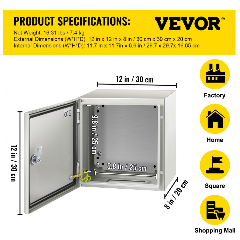 VEVOR Steel Electrical Box 12'' x 12'' x 8'' Electrical Enclosure Box, Carbon Steel Hinged Junction Box, IP65 Weatherproof Metal Box Wall-Mounted Electronic Equipment Enclosure Box with Mounting Plate 