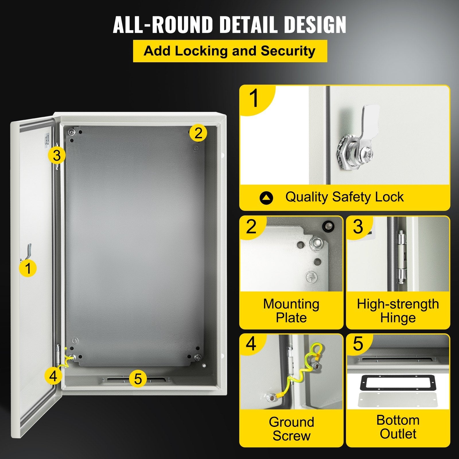 VEVOR Steel Electrical Box 20'' x 12'' x 10'' Electrical Enclosure Box, Carbon Steel Hinged Junction Box, IP65 Weatherproof Metal Box Wall-Mounted Electronic Equipment Enclosure Box with Mounting Plat 