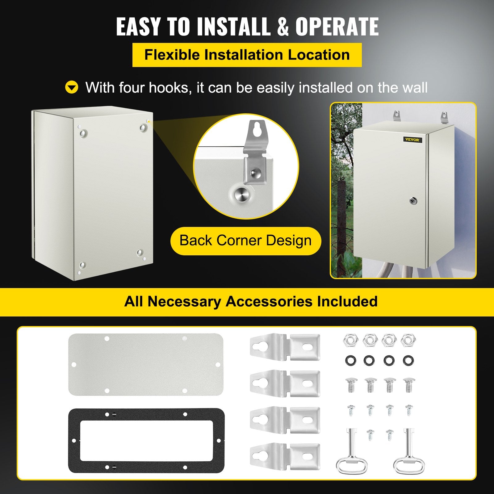 VEVOR Steel Electrical Box 20'' x 12'' x 10'' Electrical Enclosure Box, Carbon Steel Hinged Junction Box, IP65 Weatherproof Metal Box Wall-Mounted Electronic Equipment Enclosure Box with Mounting Plat 