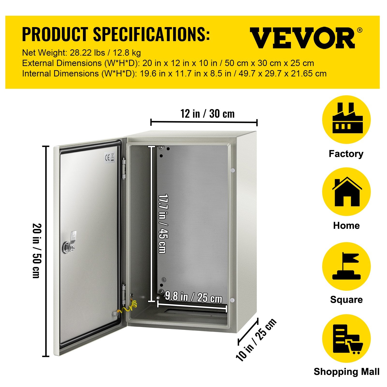VEVOR Steel Electrical Box 20'' x 12'' x 10'' Electrical Enclosure Box, Carbon Steel Hinged Junction Box, IP65 Weatherproof Metal Box Wall-Mounted Electronic Equipment Enclosure Box with Mounting Plat 