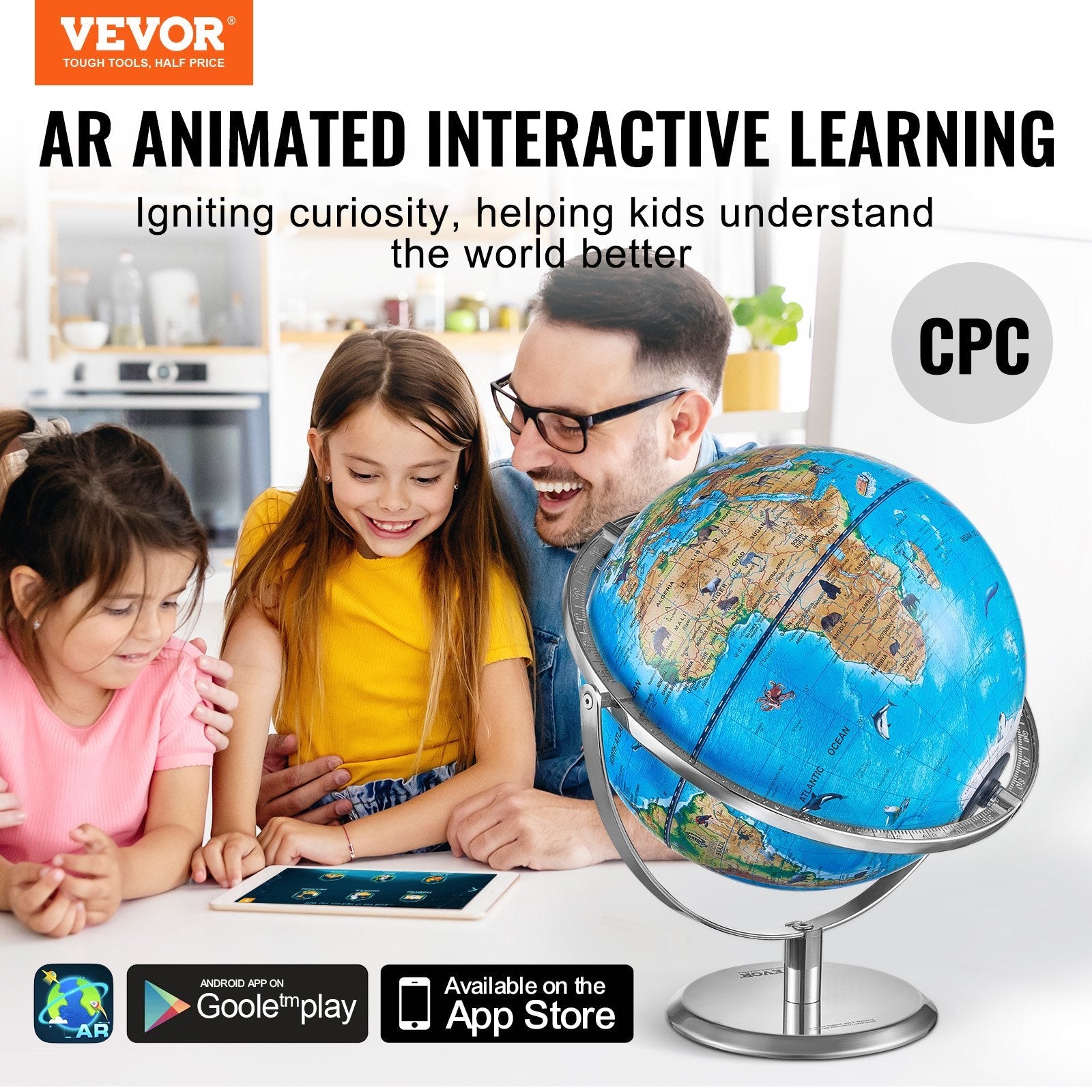 VEVOR Educational Globe for Kids, 10 in/254 mm, Interactive AR World Globe with AR Golden Globe APP LED Night Lighting 720° Rotation, STEM Toy Gifts for Kids Compatible with Android or iOS Devices 