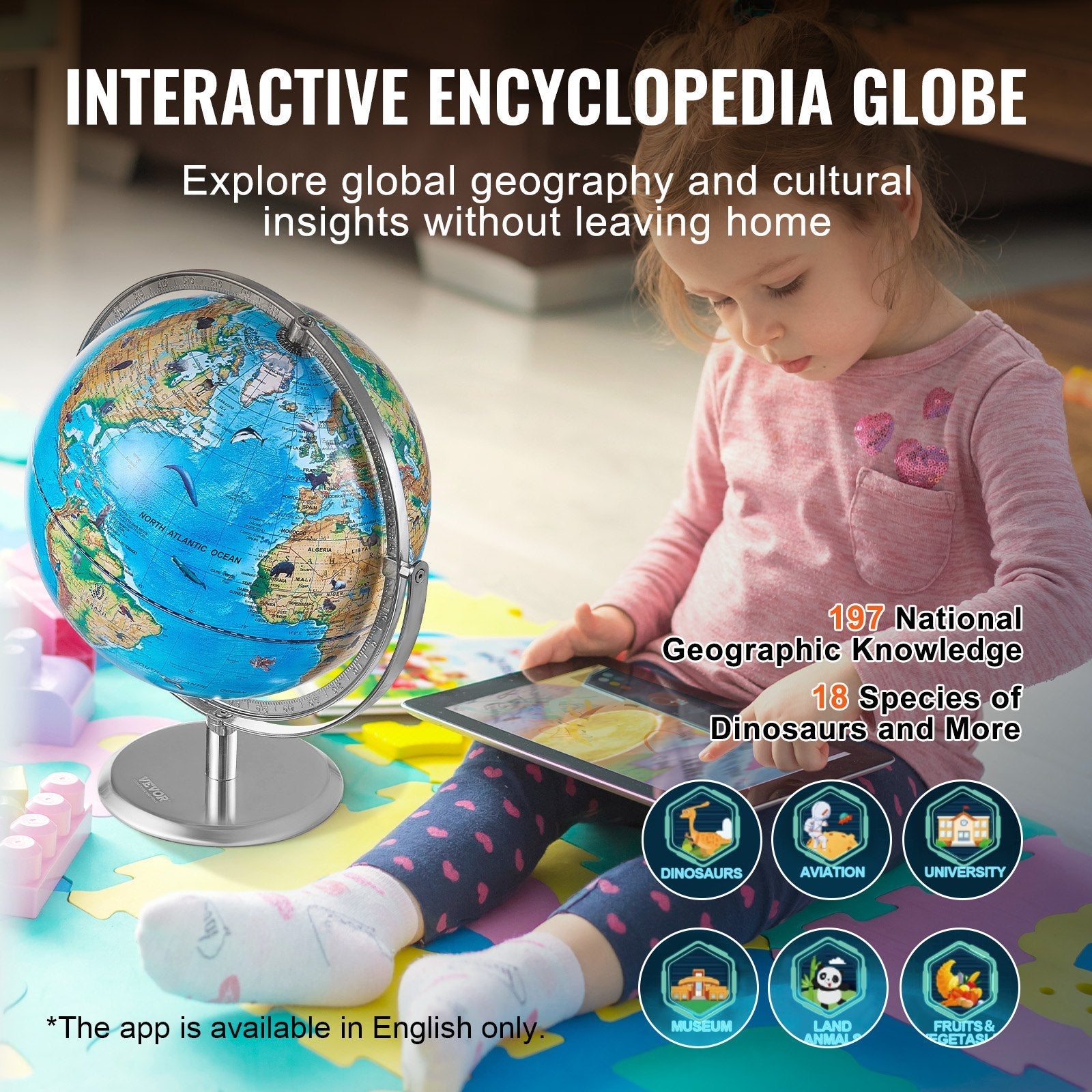 VEVOR Educational Globe for Kids, 10 in/254 mm, Interactive AR World Globe with AR Golden Globe APP LED Night Lighting 720° Rotation, STEM Toy Gifts for Kids Compatible with Android or iOS Devices 