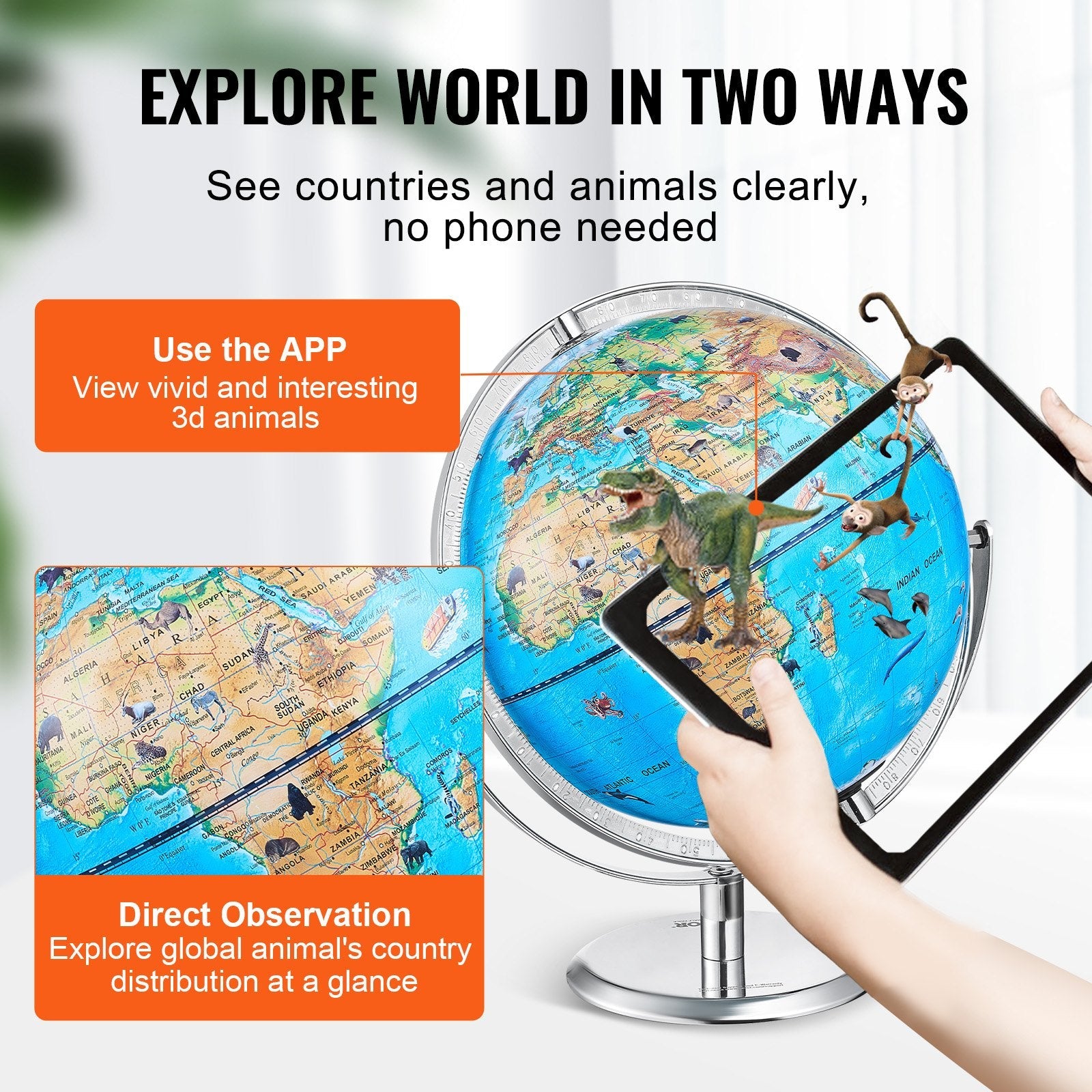 VEVOR Educational Globe for Kids, 10 in/254 mm, Interactive AR World Globe with AR Golden Globe APP LED Night Lighting 720° Rotation, STEM Toy Gifts for Kids Compatible with Android or iOS Devices 