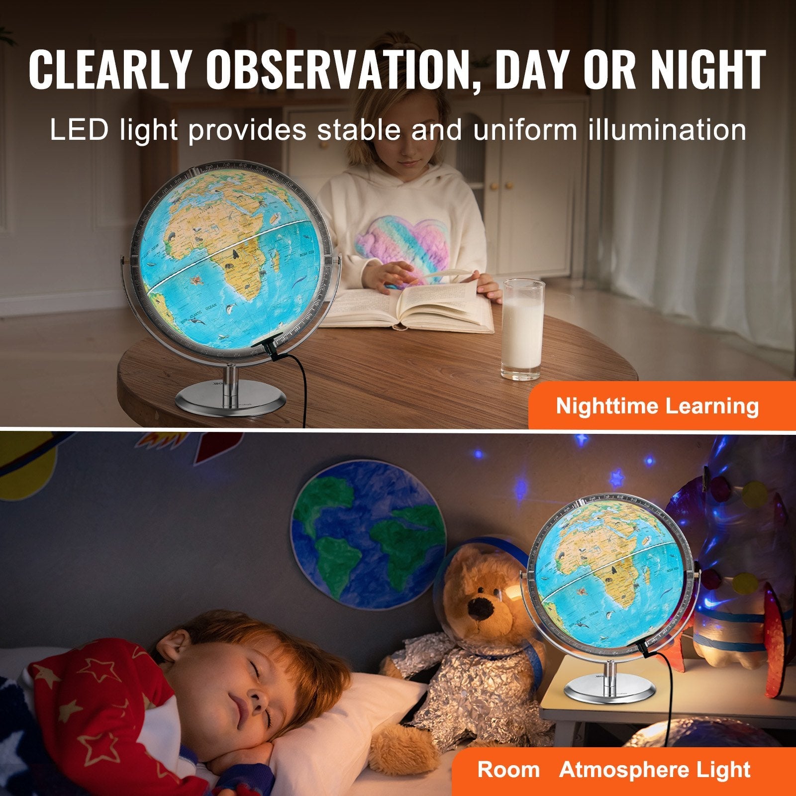 VEVOR Educational Globe for Kids, 10 in/254 mm, Interactive AR World Globe with AR Golden Globe APP LED Night Lighting 720° Rotation, STEM Toy Gifts for Kids Compatible with Android or iOS Devices 