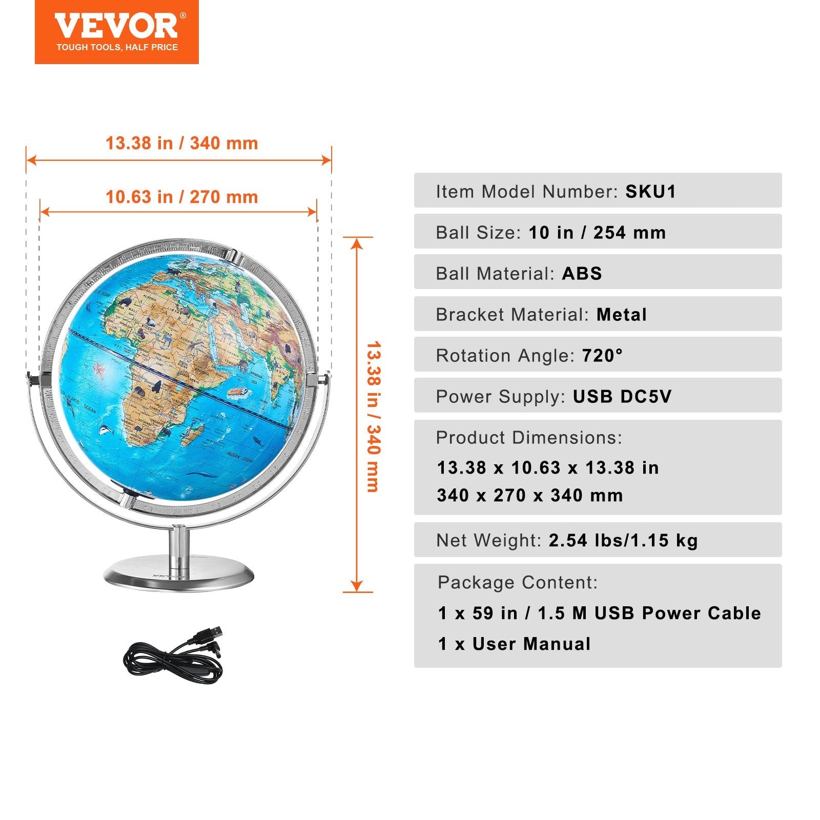 VEVOR Educational Globe for Kids, 10 in/254 mm, Interactive AR World Globe with AR Golden Globe APP LED Night Lighting 720° Rotation, STEM Toy Gifts for Kids Compatible with Android or iOS Devices 