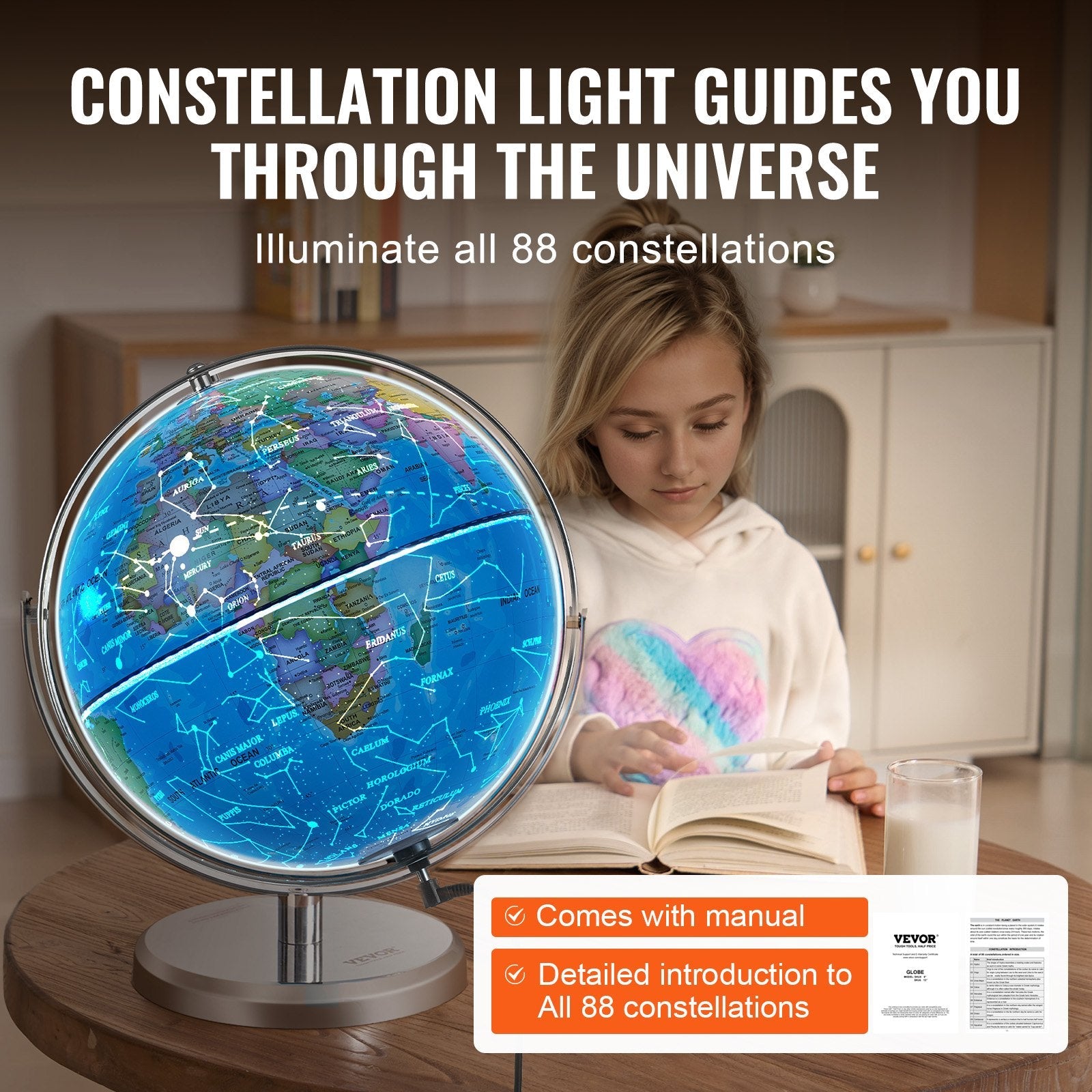 VEVOR Illuminated World Globe with Stand, 13 in/330.2 mm, Educational Earth Globe with Stable Heavy Metal Base and LED Constellation Night Light HD Printed Map, Spinning for Kids Classroom Learning 