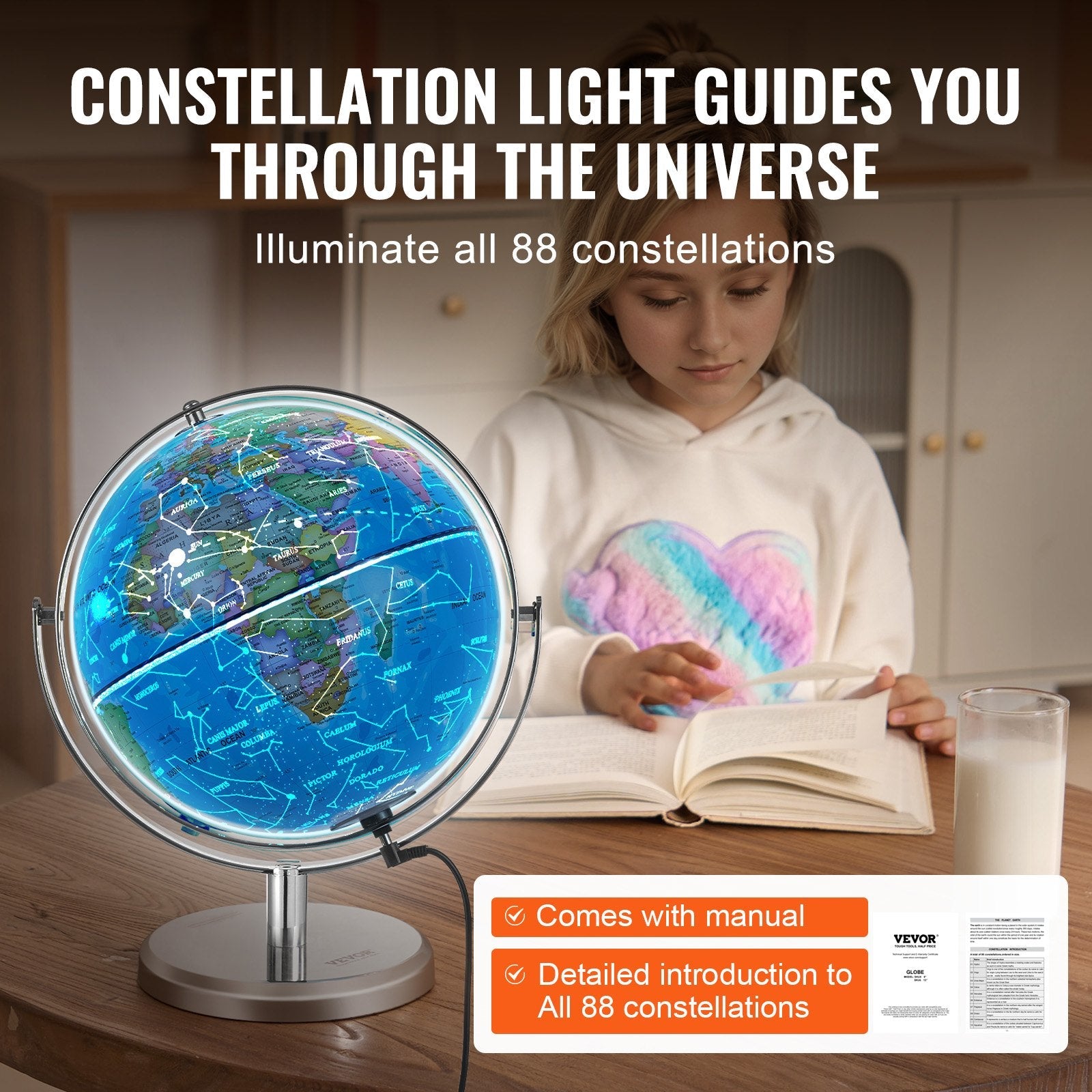 VEVOR Illuminated World Globe with Stand, 9 in/228.6 mm, Educational Earth Globe with Stable Heavy Metal Base and LED Constellation Night Light HD Printed Map, Spinning for Kids Classroom Learning 