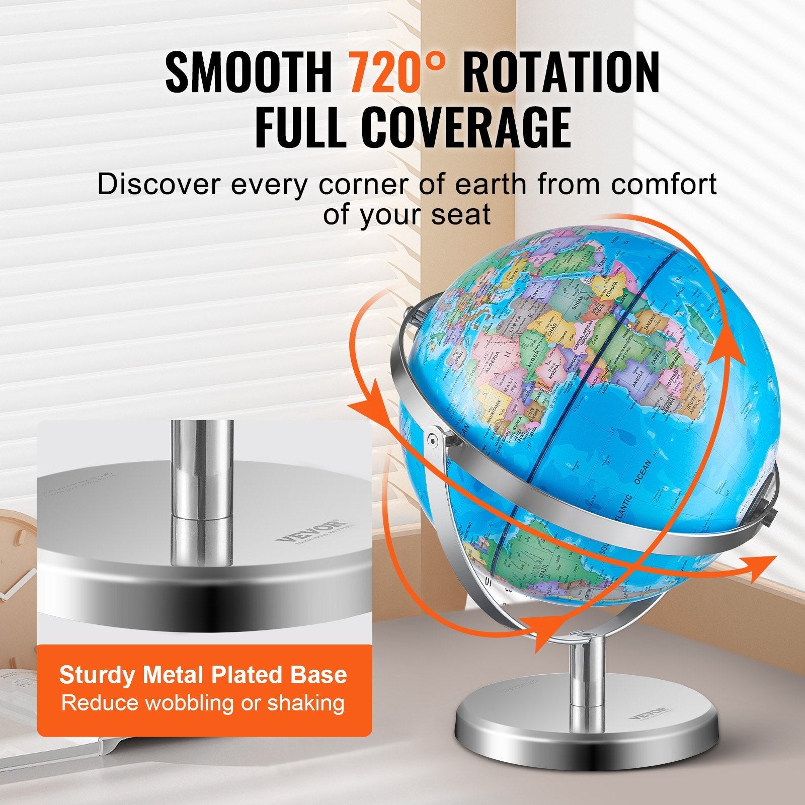 VEVOR Illuminated World Globe with Stand, 9 in/228.6 mm, Educational Earth Globe with Stable Heavy Metal Base and LED Constellation Night Light HD Printed Map, Spinning for Kids Classroom Learning 