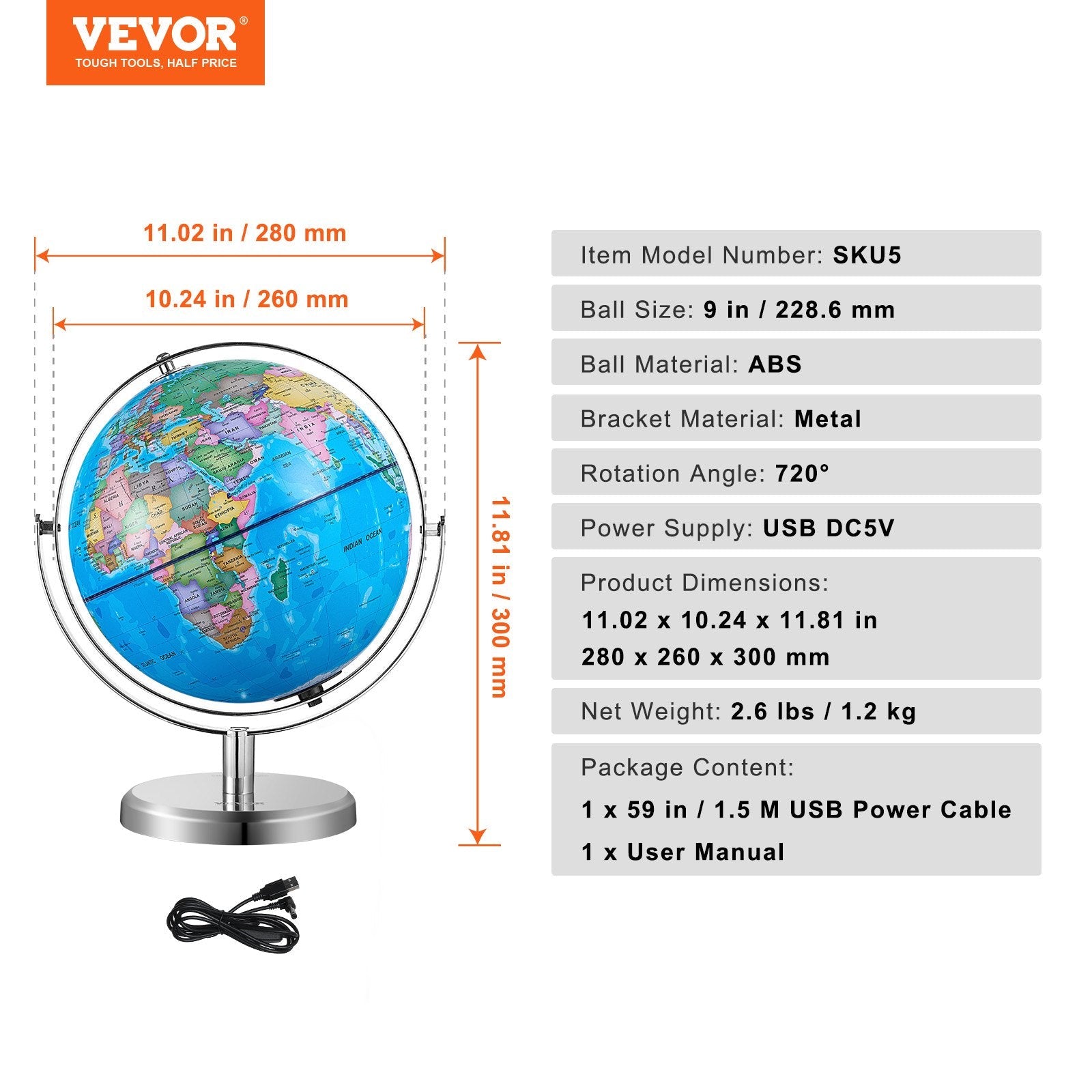 VEVOR Illuminated World Globe with Stand, 9 in/228.6 mm, Educational Earth Globe with Stable Heavy Metal Base and LED Constellation Night Light HD Printed Map, Spinning for Kids Classroom Learning 