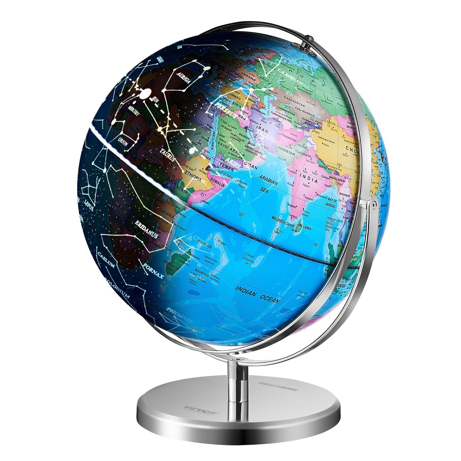 VEVOR Illuminated World Globe with Stand, 9 in/228.6 mm, Educational Earth Globe with Stable Heavy Metal Base and LED Constellation Night Light HD Printed Map, Spinning for Kids Classroom Learning 