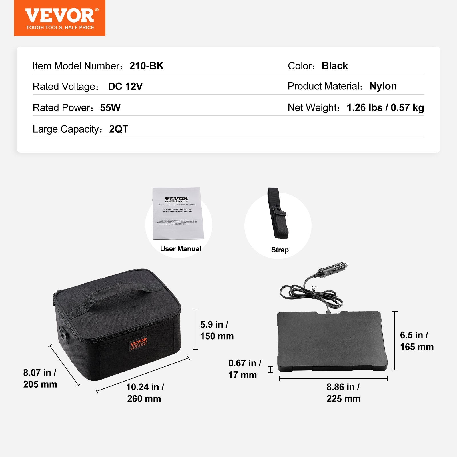 VEVOR Portable Oven, 12V Car Food Warmer, 2QT 55W Portable Mini Personal Microwave, Electric Heated Lunch Box for Camping, Travel, Compatible with Glass, Ceramic, Foil Containers (Black) 