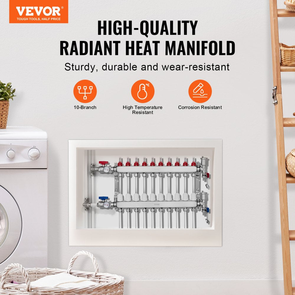 VEVOR 10-Branch Radiant Heat Manifold 1/2" PEX Tubing Floor Heating Manifold Set 