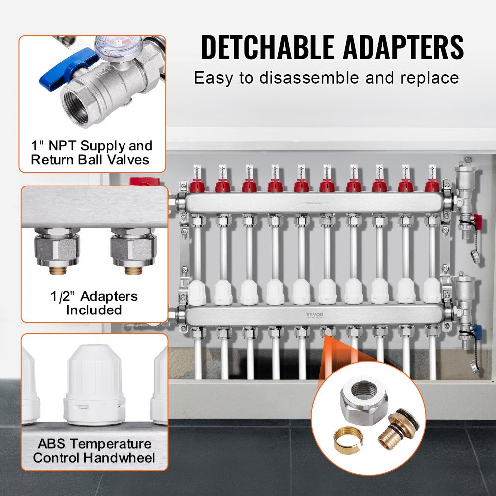 VEVOR 10-Branch Radiant Heat Manifold 1/2" PEX Tubing Floor Heating Manifold Set 