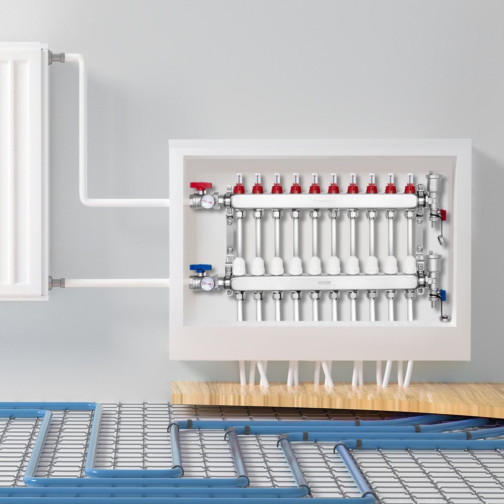 VEVOR 10-Branch Radiant Heat Manifold 1/2" PEX Tubing Floor Heating Manifold Set 
