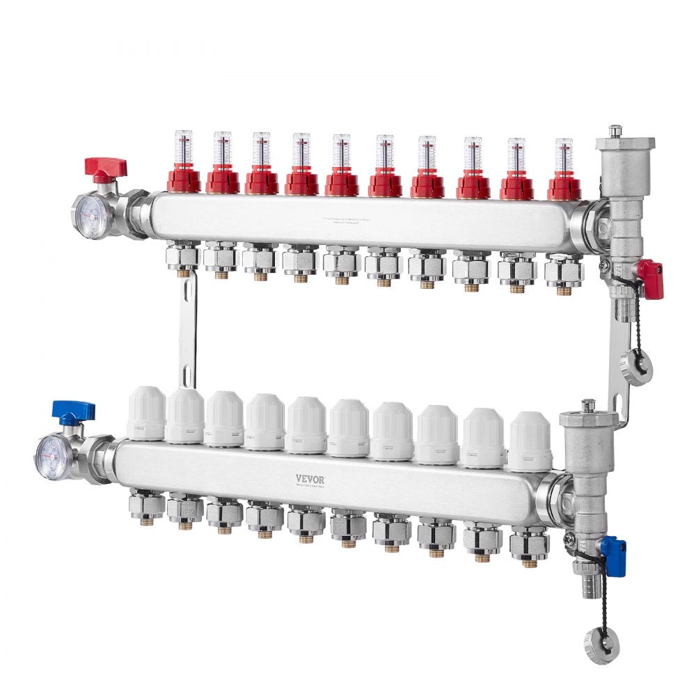 VEVOR 10-Branch Radiant Heat Manifold 1/2" PEX Tubing Floor Heating Manifold Set 