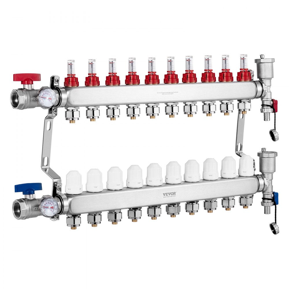 VEVOR 10-Branch Radiant Heat Manifold 1/2" PEX Tubing Floor Heating Manifold Set 