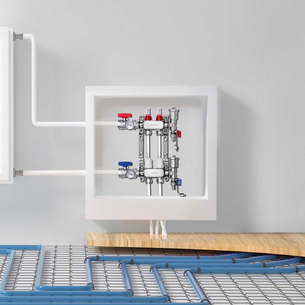 VEVOR 2-Branch Radiant Heat Manifold 1/2" PEX Tubing Floor Heating Manifold Set 