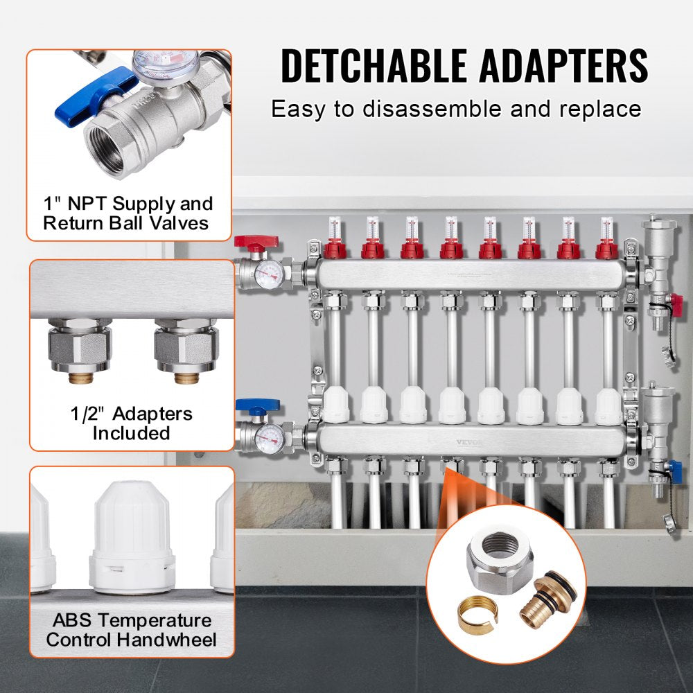 VEVOR 8-Branch Radiant Heat Manifold 1/2" PEX Tubing Floor Heating Manifold Set 