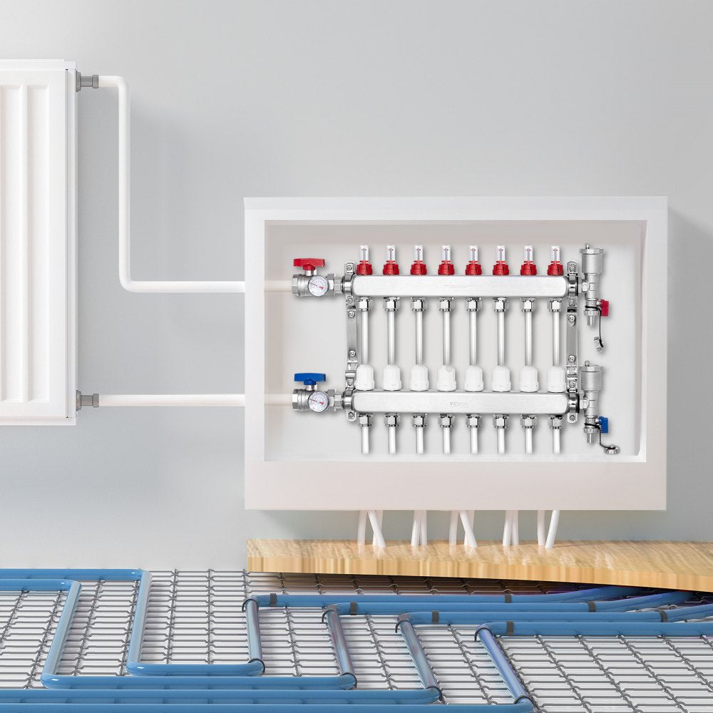 VEVOR 8-Branch Radiant Heat Manifold 1/2" PEX Tubing Floor Heating Manifold Set 