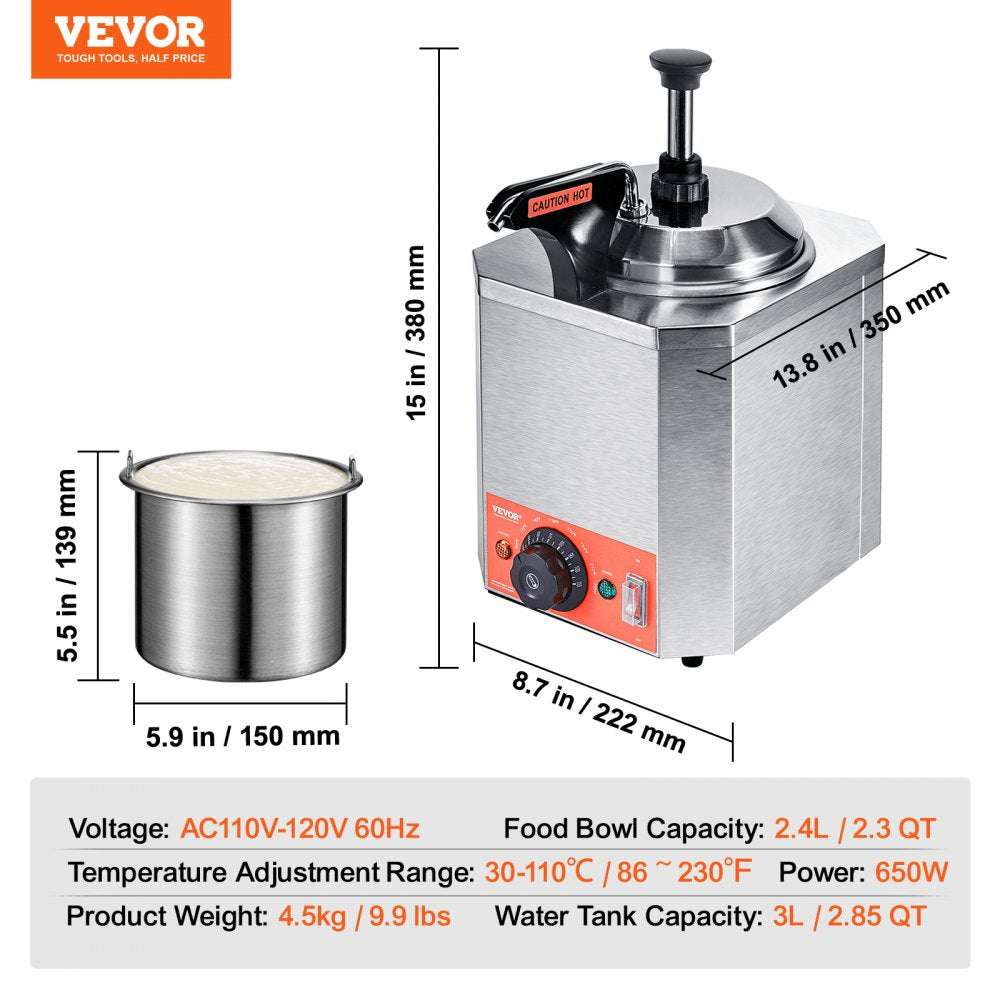 VEVOR Electric Cheese Dispenser with Pump, 2.3 Qt Commercial Hot Fudge Warmer, Stainless Steel Heated Pump Dispenser, 86-230? Temp Adjustable Nacho Cheese Sauce Warmer, for Hot Fudge Cheese Caramel 