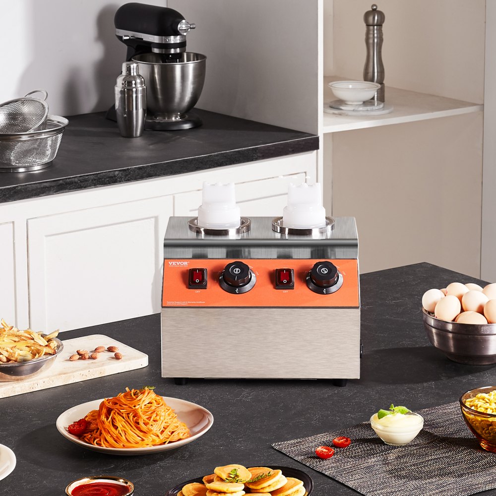 VEVOR Electric Bottle Warmer with Bottles, 0.57x2 Qt Commercial Cheese Dispenser, Hot Fudge Warmer 86-185? Temp Adjustable, Plastic Double Bottles Nacho Cheese Warmer, for Hot Fudge Cheese Caramel 