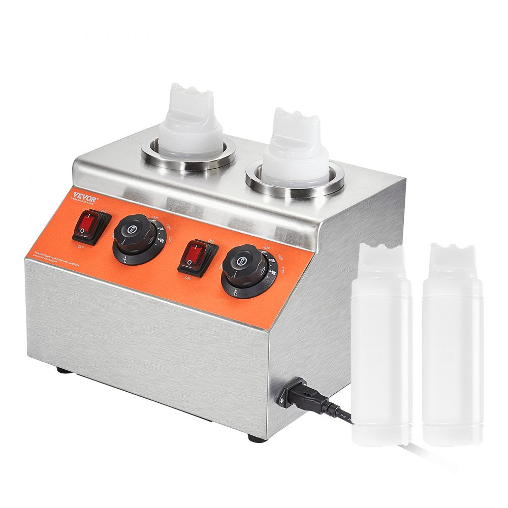 VEVOR Electric Bottle Warmer with Bottles, 0.57x2 Qt Commercial Cheese Dispenser, Hot Fudge Warmer 86-185? Temp Adjustable, Plastic Double Bottles Nacho Cheese Warmer, for Hot Fudge Cheese Caramel 