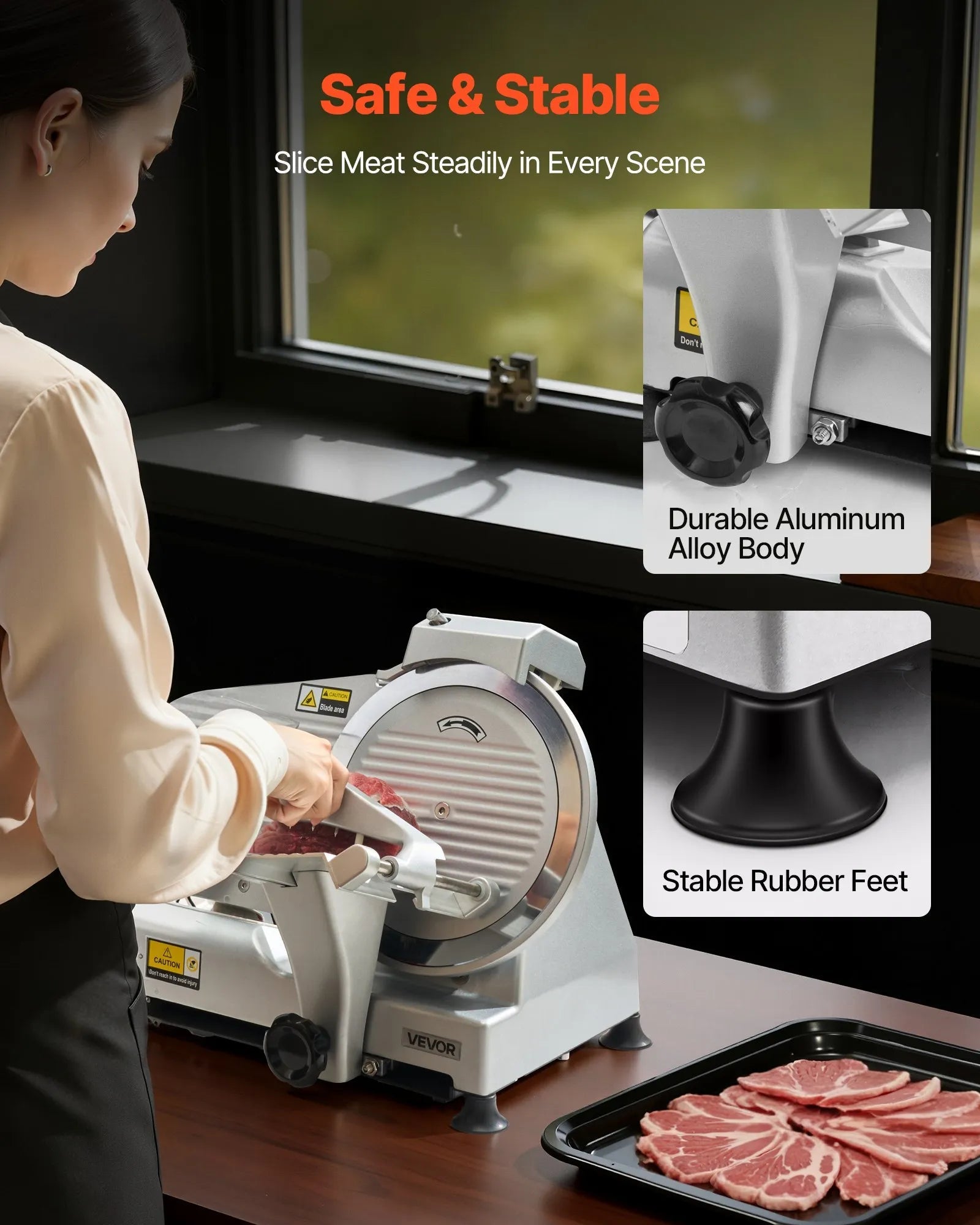 VEVOR Commercial Meat Slicer, 10 inch Electric Deli Slicer Machine, 320W Food-Slicer with SUS420 Blade, 0-0.4 inch Adjustable Thickness, for Frozen Meat, Ham, Baguett, Steak 