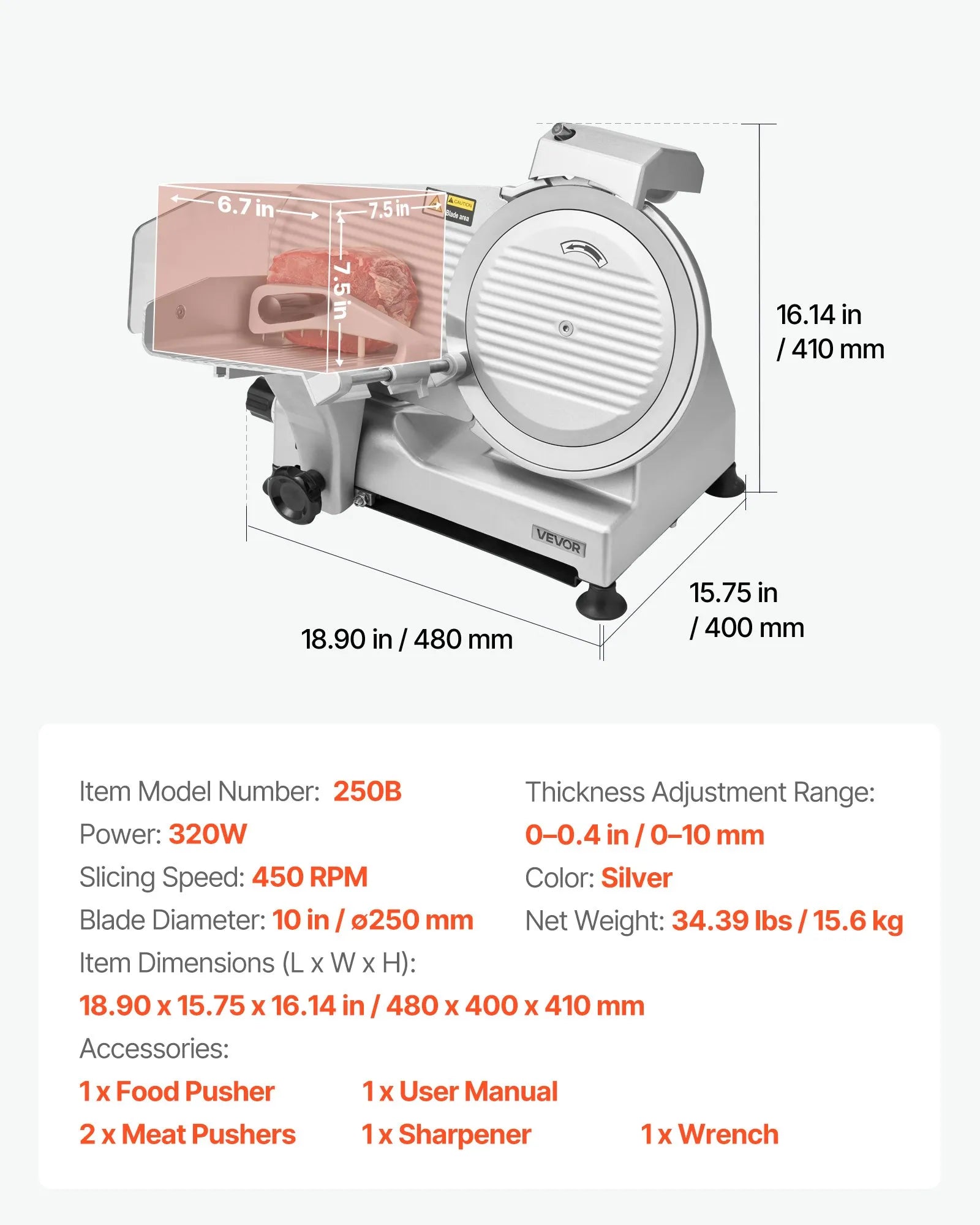 VEVOR Commercial Meat Slicer, 10 inch Electric Deli Slicer Machine, 320W Food-Slicer with SUS420 Blade, 0-0.4 inch Adjustable Thickness, for Frozen Meat, Ham, Baguett, Steak 