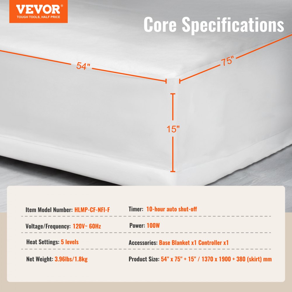 VEVOR Heated Mattress Pad 54x75 in Full Electric Warmer Coral Fleece Auto Off 