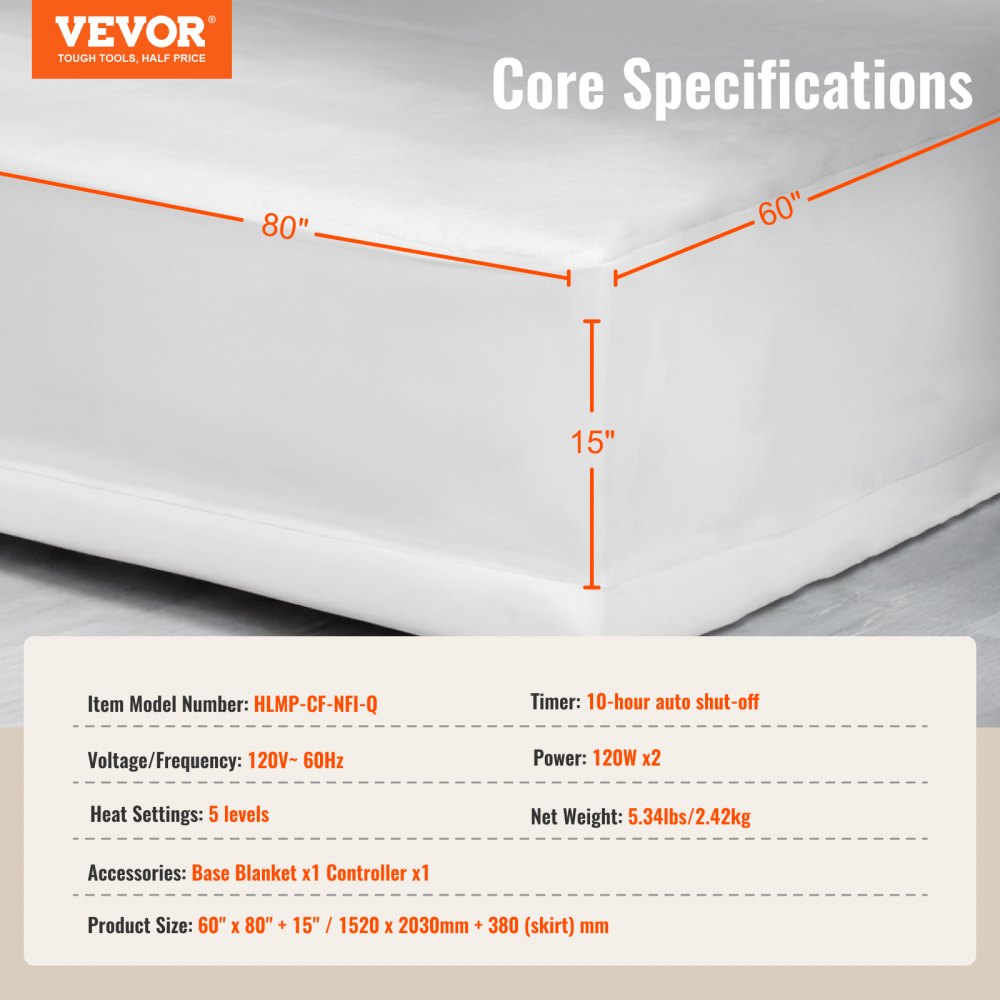 VEVOR Heated Mattress Pad 60x80 in Queen Electric Warmer Coral Fleece Auto Off 