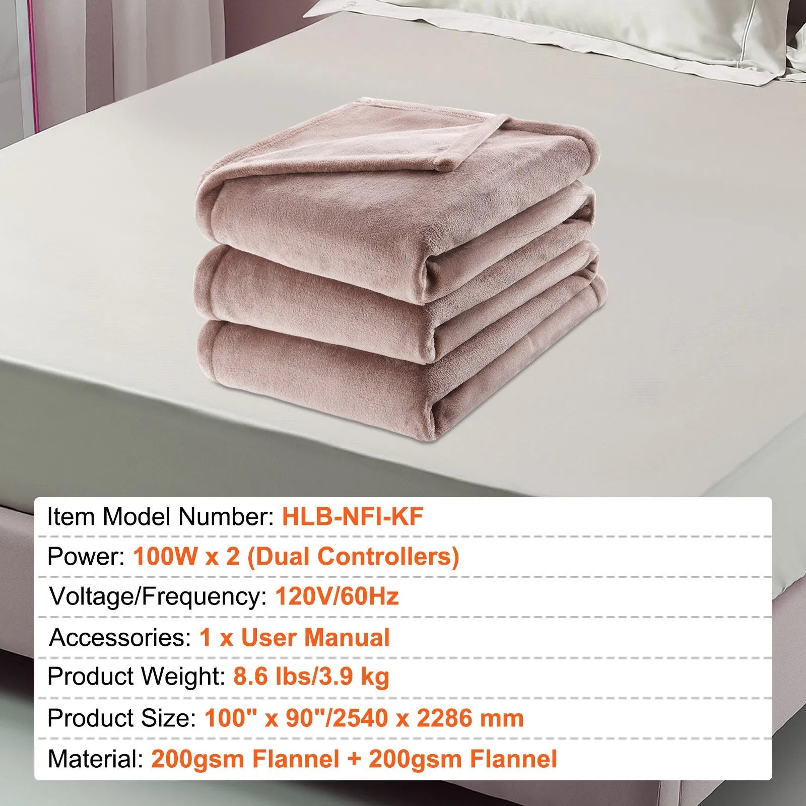 VEVOR Heated Blanket Electric Throw, 100" x 90" King Size, Soft Flannel Heating Blanket with 10 Hours Timer Auto-off & 5 Heating Levels, Dual Control, Machine Washable, ETL & FCC Certification (Beige)