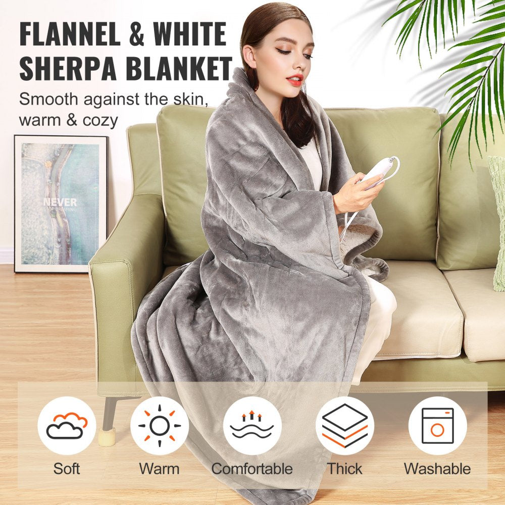 VEVOR Heated Blanket Electric Throw, 50" x 60" Twin Size, Soft Flannel & Sherpa Heating Blanket with 3 Hours Timer Auto-off, 5 Heating Levels for Sofa, Machine Washable, ETL & FCC Certification (Grey) 