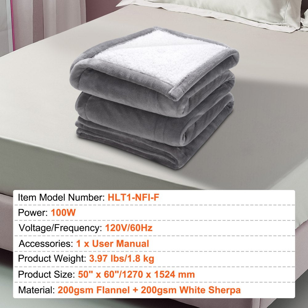 VEVOR Heated Blanket Electric Throw, 50" x 60" Twin Size, Soft Flannel & Sherpa Heating Blanket with 3 Hours Timer Auto-off, 5 Heating Levels for Sofa, Machine Washable, ETL & FCC Certification (Grey) 
