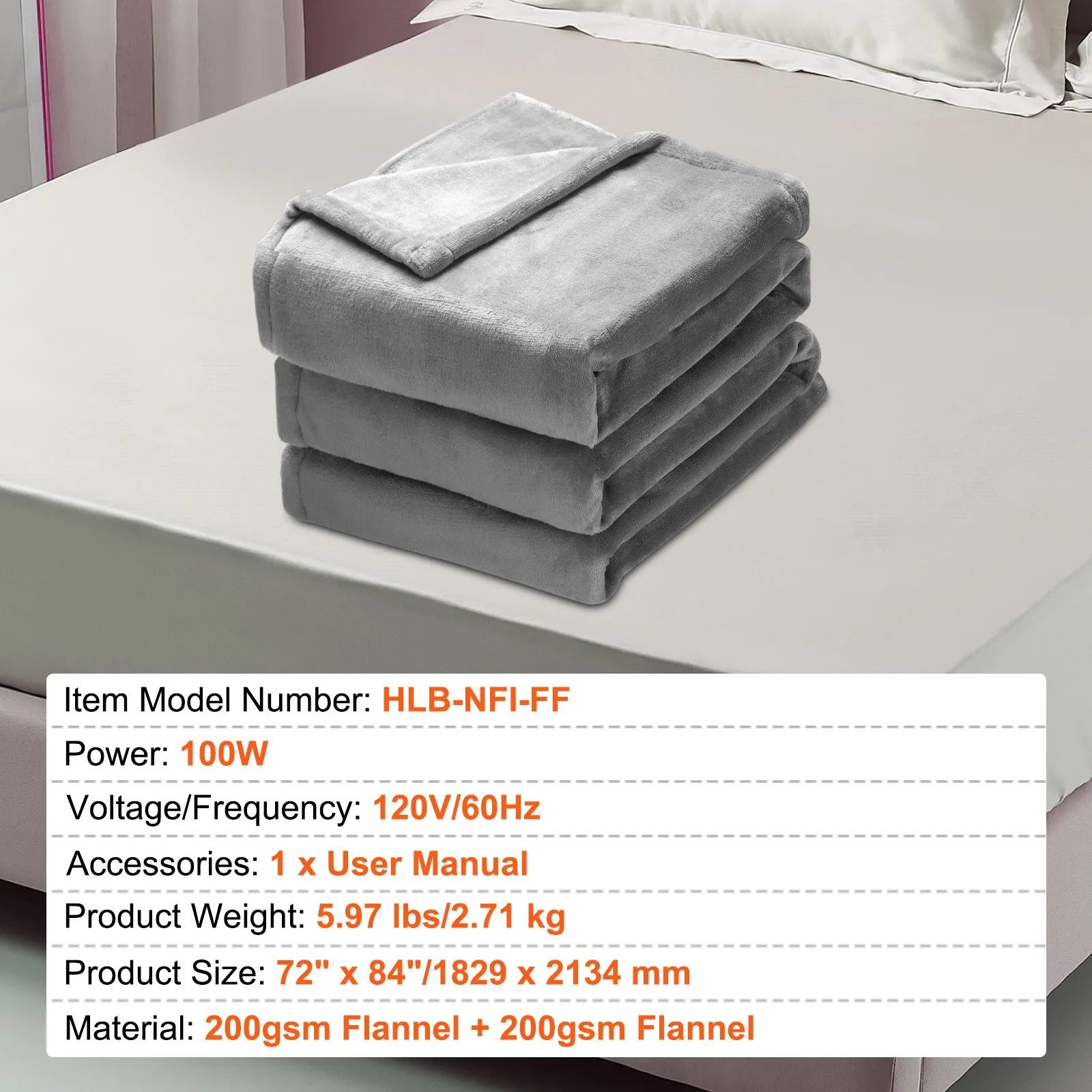 VEVOR Heated Blanket Electric Throw, 72" x 84" Full Size, Soft Flannel Heating Blanket with 10 Hours Timer Auto-off & 5 Heating Levels for Couch Sofa, Machine Washable, ETL & FCC Certification (Grey)