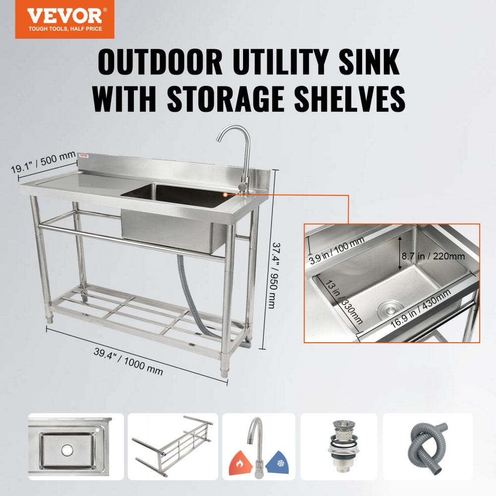 VEVOR Stainless Steel Utility Sink, 39.4 x 19.1 x 37.4 in Free Standing Single Bowl Commercial Kitchen Sink Set w/Workbench, Commercial Single Bowl Sinks for Garage, Restaurant, Laundry, NSF Certified 