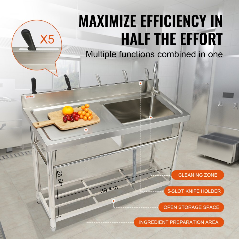 VEVOR Stainless Steel Utility Sink, 39.4 x 19.1 x 37.4 in Free Standing Single Bowl Commercial Kitchen Sink Set w/Workbench, Commercial Single Bowl Sinks for Garage, Restaurant, Laundry, NSF Certified 
