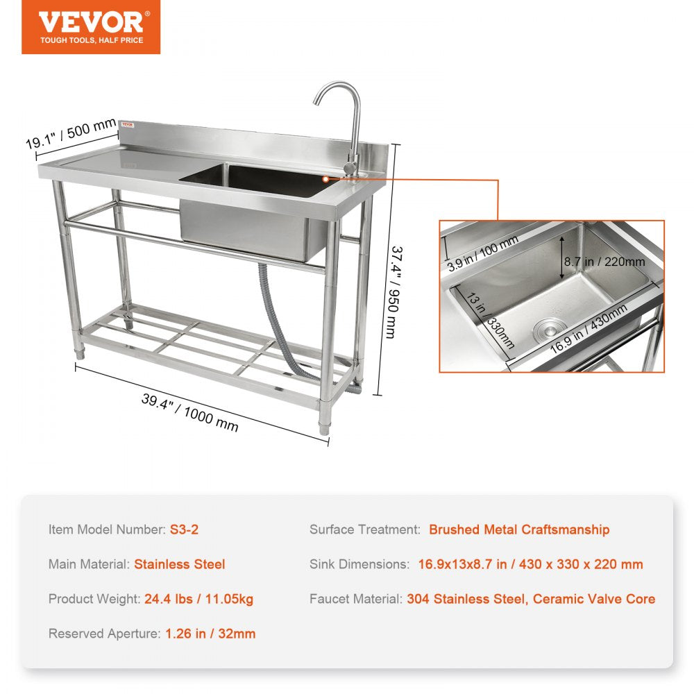 VEVOR Stainless Steel Utility Sink, 39.4 x 19.1 x 37.4 in Free Standing Single Bowl Commercial Kitchen Sink Set w/Workbench, Commercial Single Bowl Sinks for Garage, Restaurant, Laundry, NSF Certified 