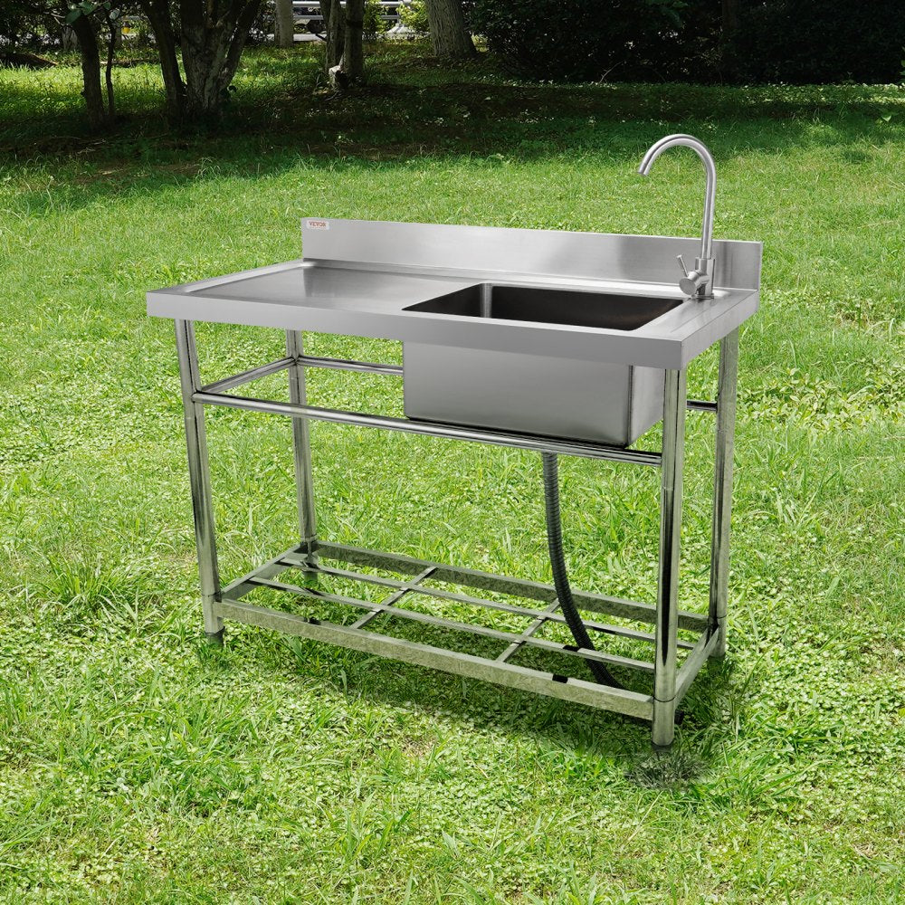 VEVOR Stainless Steel Utility Sink, 39.4 x 19.1 x 37.4 in Free Standing Single Bowl Commercial Kitchen Sink Set w/Workbench, Commercial Single Bowl Sinks for Garage, Restaurant, Laundry, NSF Certified 