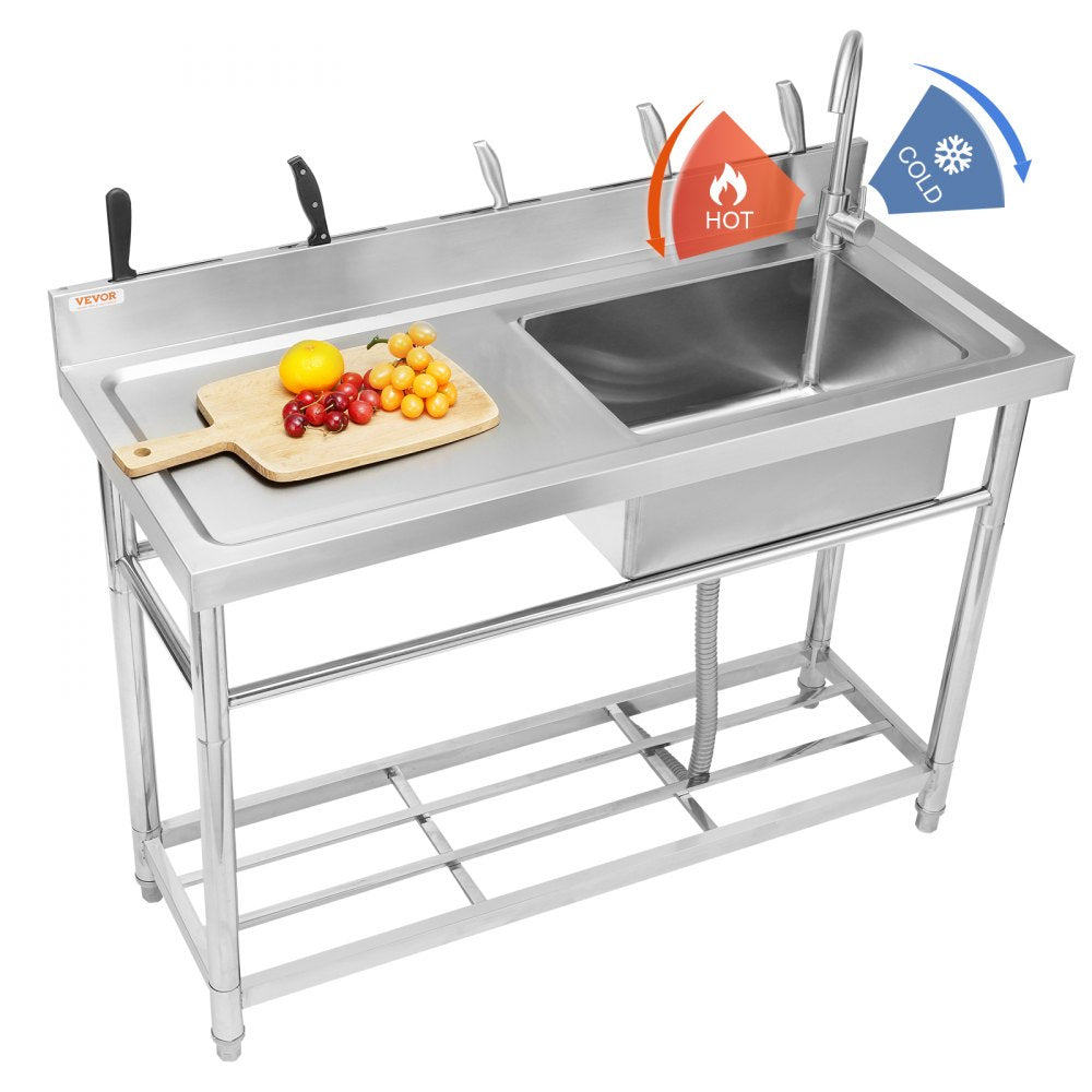 VEVOR Stainless Steel Utility Sink, 39.4 x 19.1 x 37.4 in Free Standing Single Bowl Commercial Kitchen Sink Set w/Workbench, Commercial Single Bowl Sinks for Garage, Restaurant, Laundry, NSF Certified 
