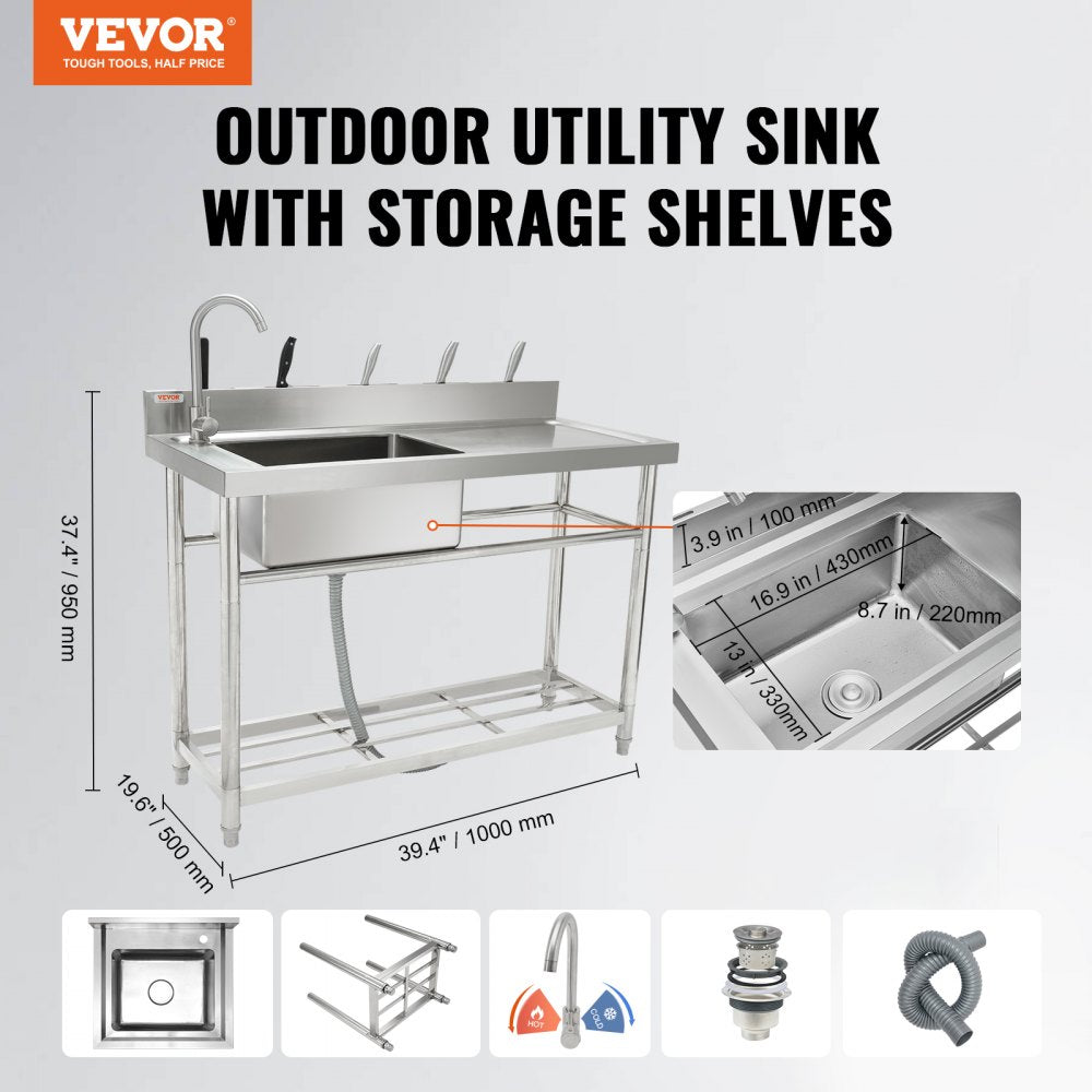 VEVOR Stainless Steel Utility Sink, 39.4 x 19.1 x 37.4 in Free Standing Small Sink w/Workbench Faucet & legs, 1 Compartment Commercial Single Bowl Sinks for Garage, Restaurant, Laundry, NSF Certified 