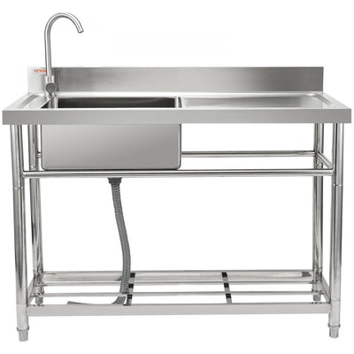 VEVOR Stainless Steel Utility Sink, 47 x 19.7 x 37.4 in Free Standing Single Bowl Commercial Kitchen Sink Set w/Workbench, Commercial Single Bowl Sinks for Garage, Restaurant, Laundry, NSF Certified 