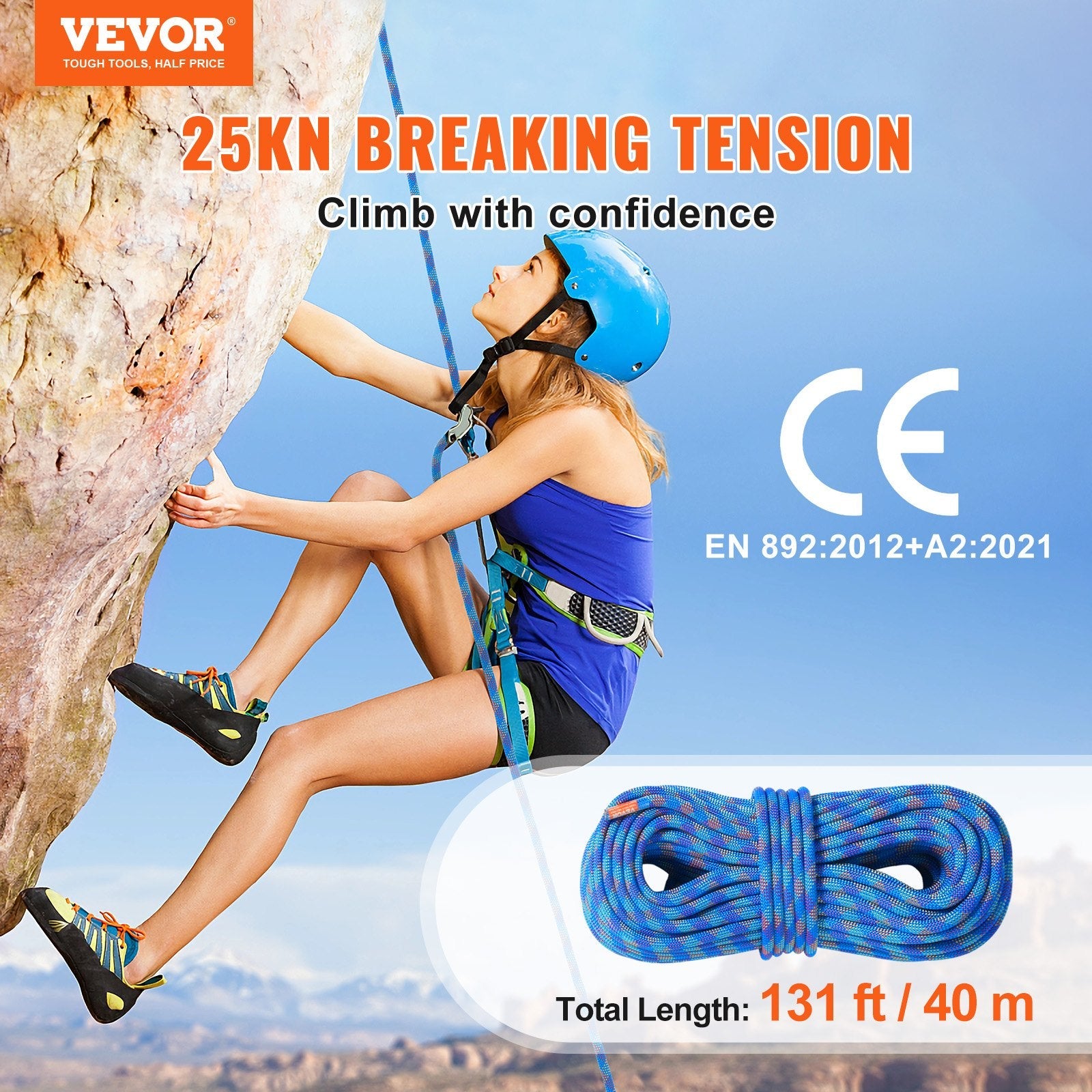 VEVOR 10.2mm Dynamic Climbing Rope 40M(131ft) Outdoor Rock Climbing Rope Blue 
