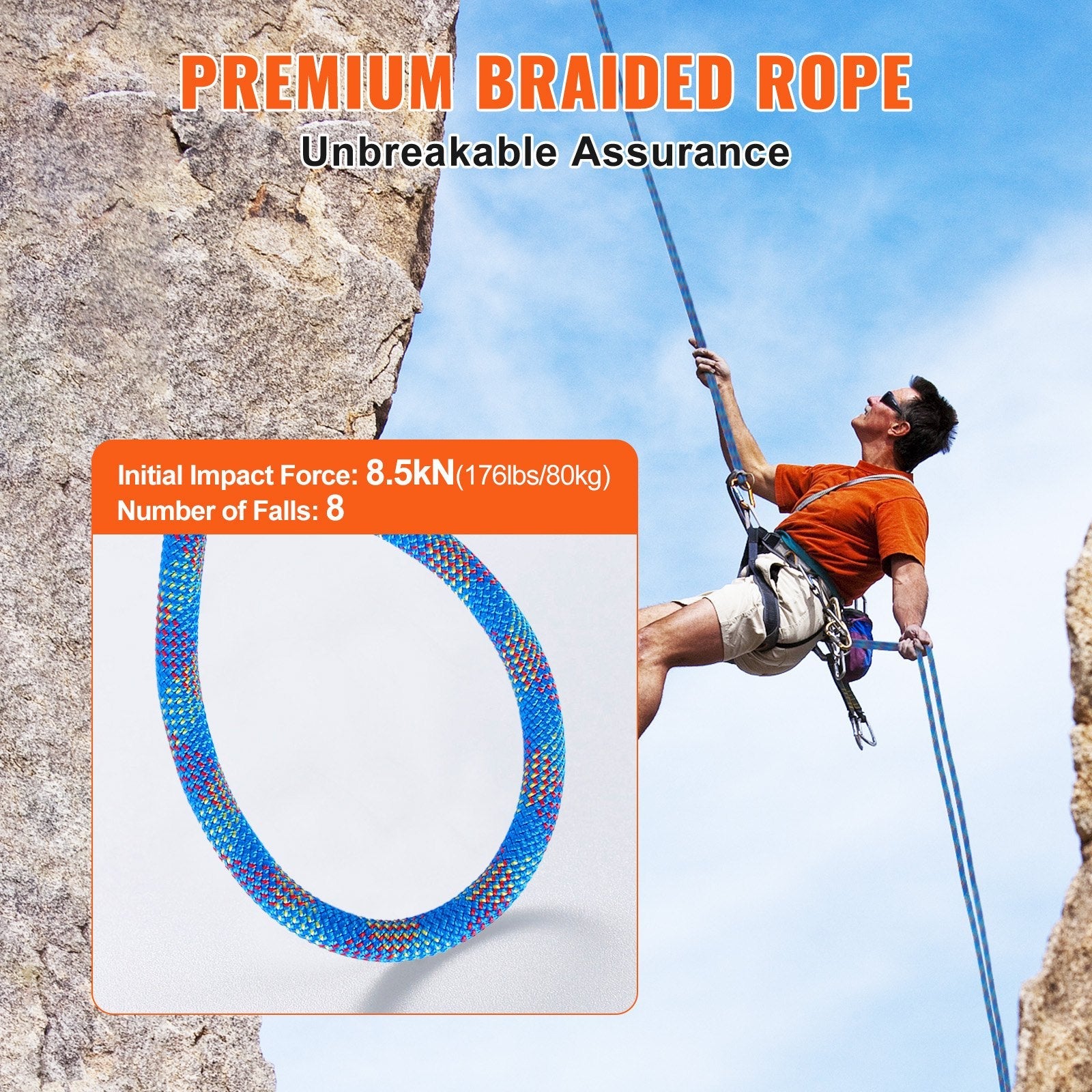 VEVOR 10.2mm Dynamic Climbing Rope 40M(131ft) Outdoor Rock Climbing Rope Blue 