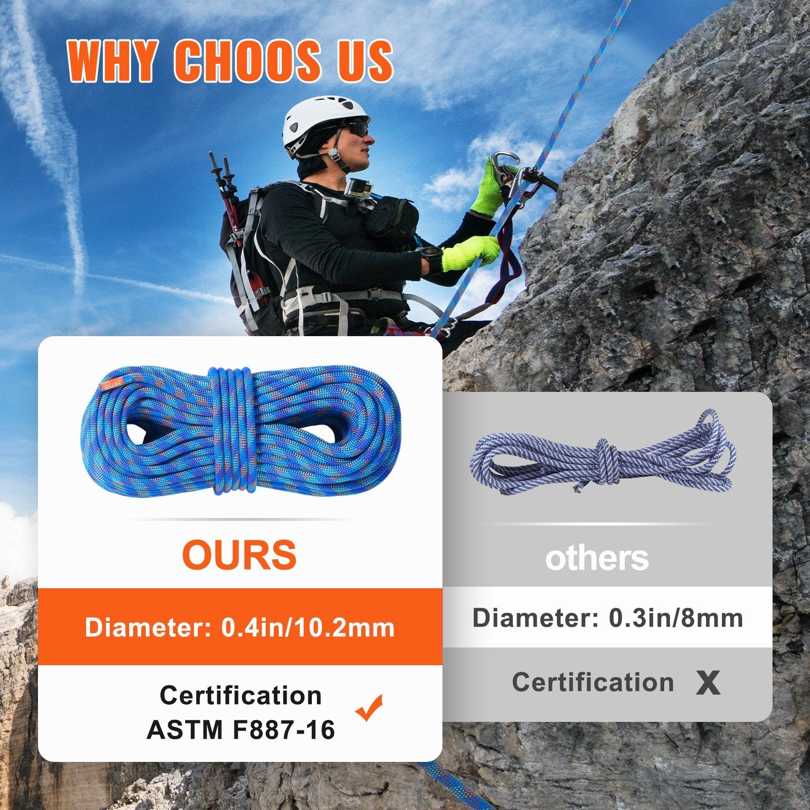 VEVOR 10.2mm Dynamic Climbing Rope 40M(131ft) Outdoor Rock Climbing Rope Blue 