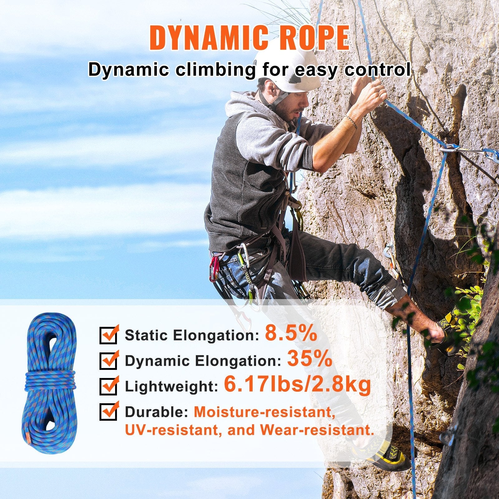 VEVOR 10.2mm Dynamic Climbing Rope 40M(131ft) Outdoor Rock Climbing Rope Blue 